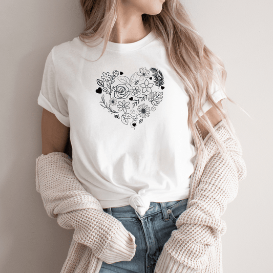 Women's Loose Fit T-Shirt - Flower Heart with Glitter