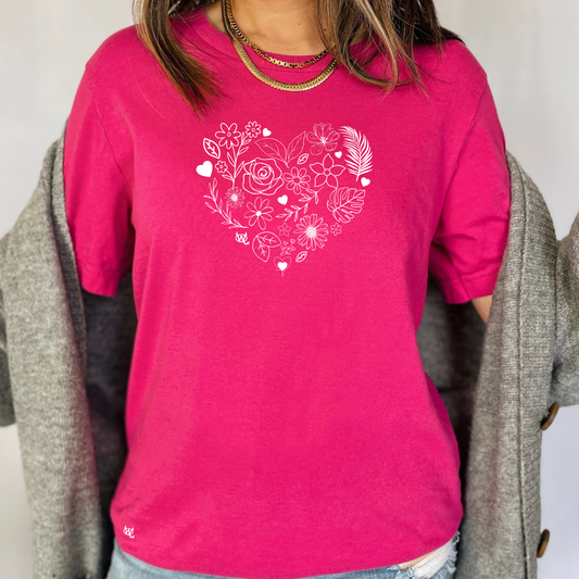 Women's Loose Fit T-Shirt Pink - White Flower Heart