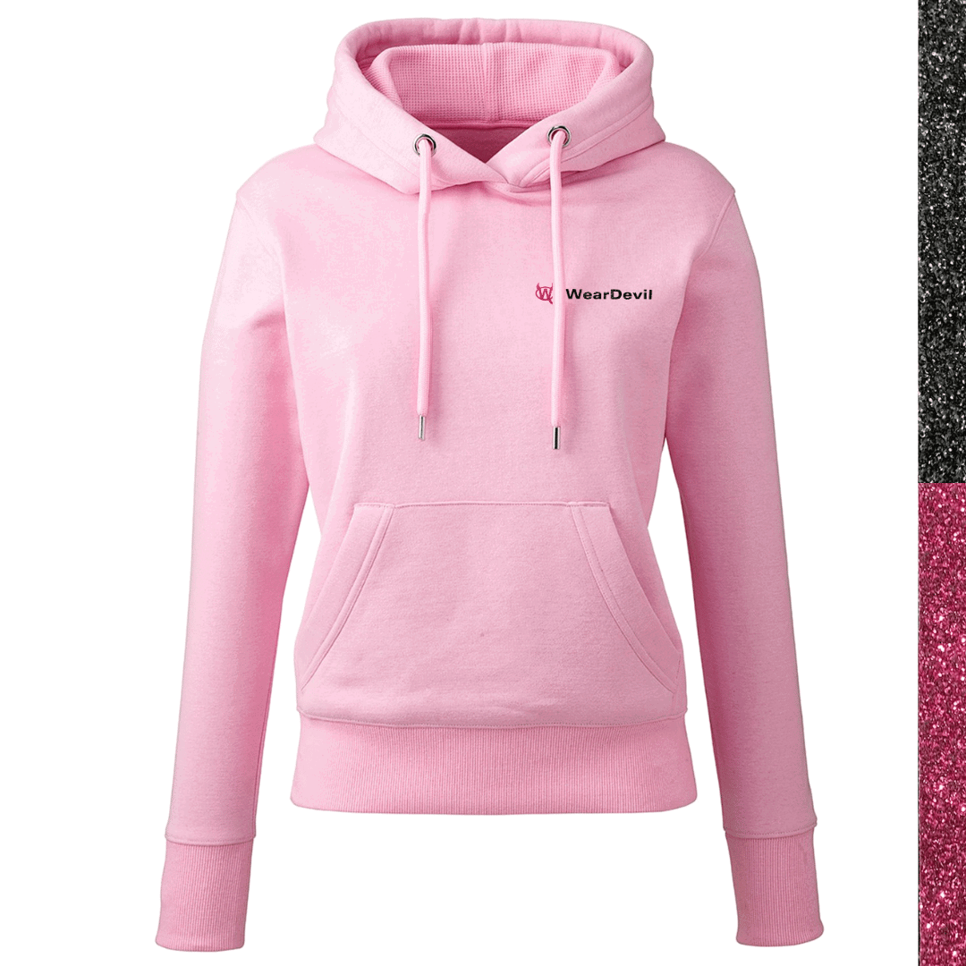 Women's Hoodie - WD Pocket Logo Pink and Black Glitter - WearDevil